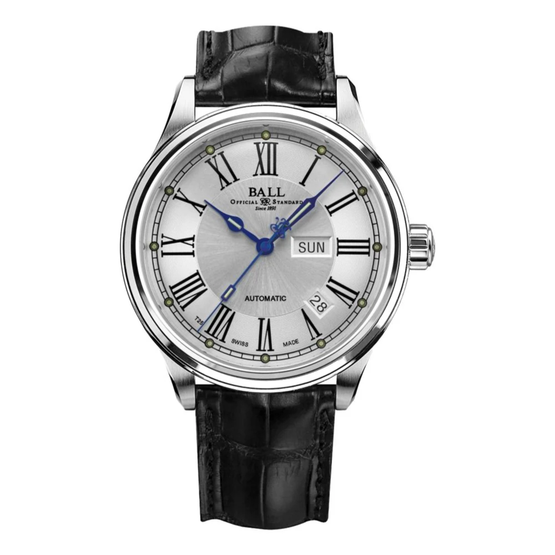 Relógio BALL Trainmaster Roman 41mm - Silver on Leather Strap Automático
