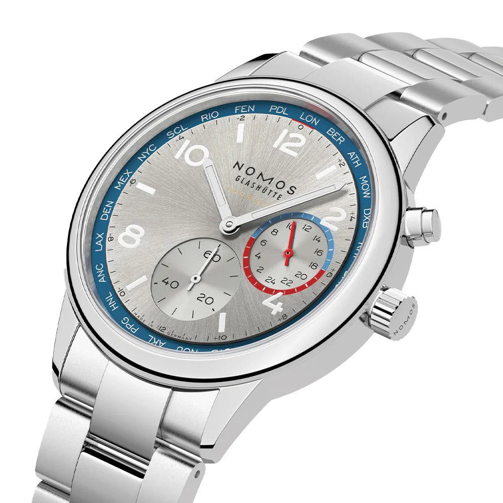 Relógio NOMOS Glashütte Club Sport Neomatik Worldtimer 40mm Silver on Bracelet 791